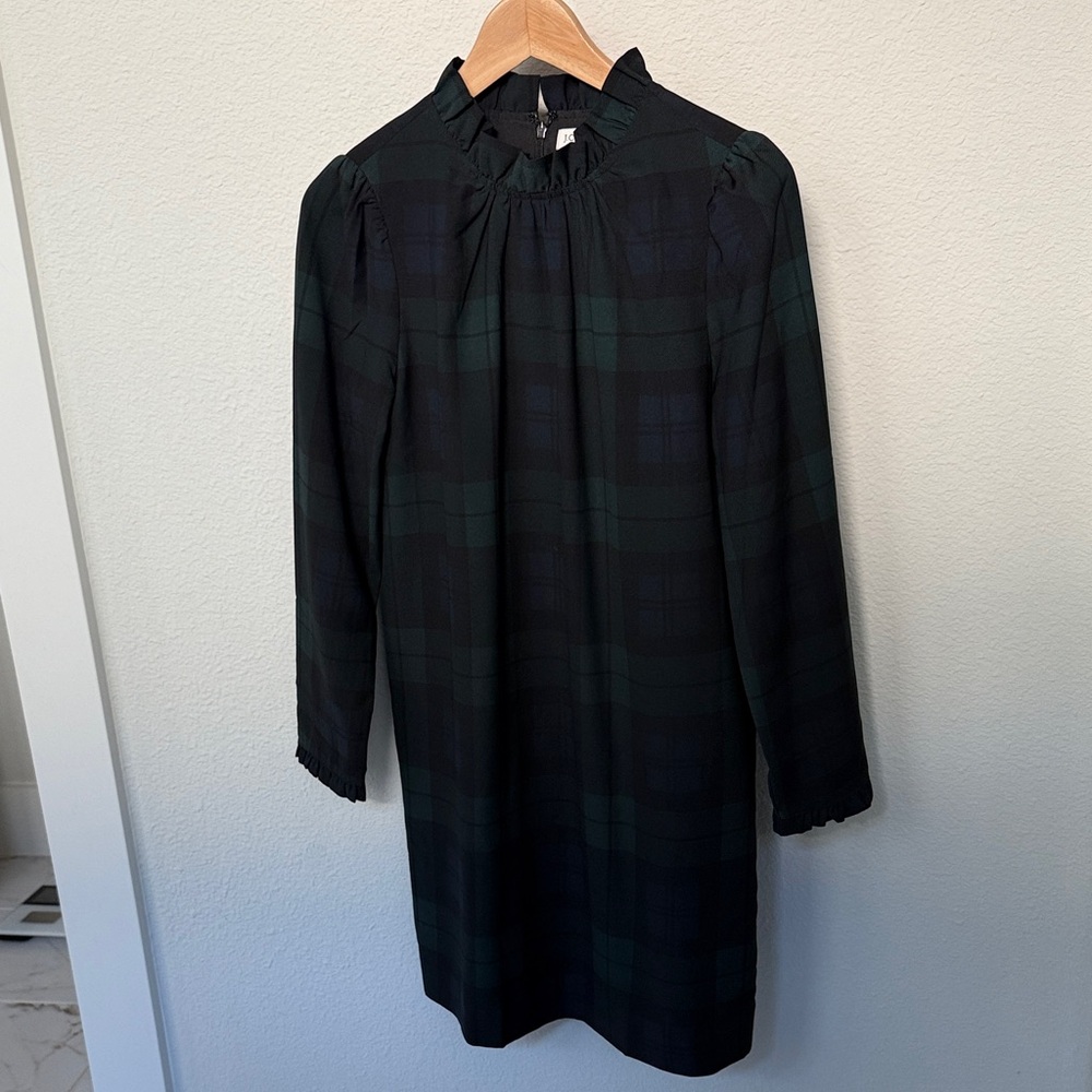 J. Crew Factory Green and Black Check Long Sleeve Dress